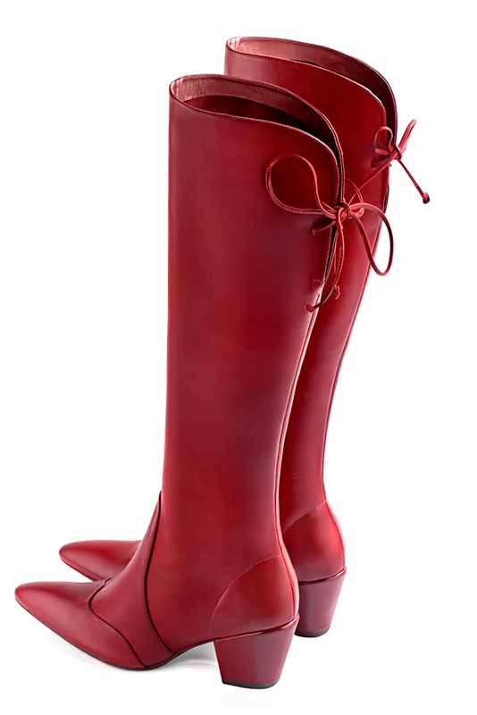 Cardinal red women's knee-high boots, with laces at the back. Tapered toe. Medium cone heels. Made to measure. Rear view - Florence KOOIJMAN